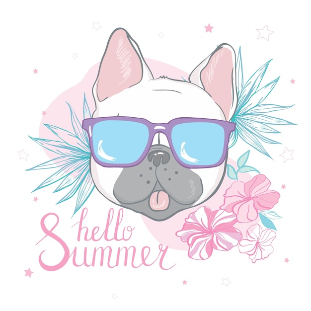 Cute french bulldog with glasses, hand drawn graphic, animal illustration on a white background