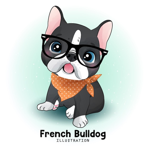 Cute French Bulldog with watercolor illustration