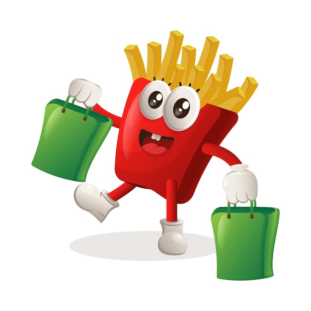 Vector cute french fries mascot happy shopping