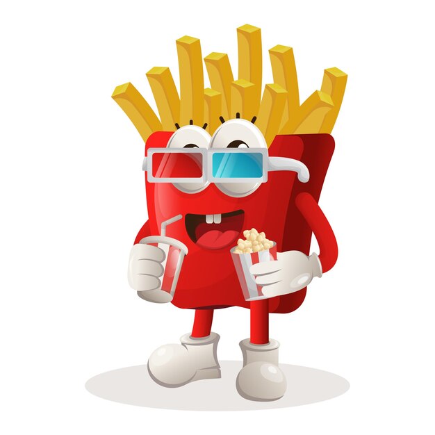 Simpatica mascotte di patatine fritte che guarda film con soda e popcorn in mano