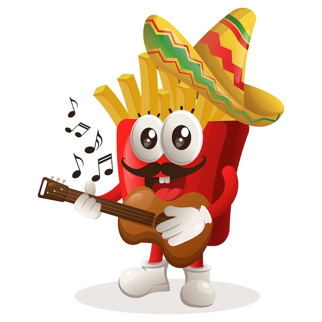 Cute french fries mascot wearing mexican hat with playing guitar