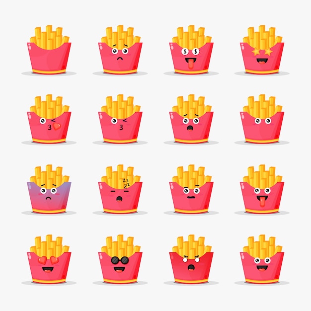 Vector cute french fries with emoticons set