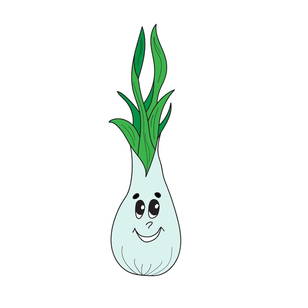 Cute fresh green onion cartoon character Spring vegetable with funny face