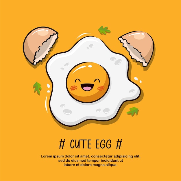 Cute fried egg on yellow background, cartoon illustration