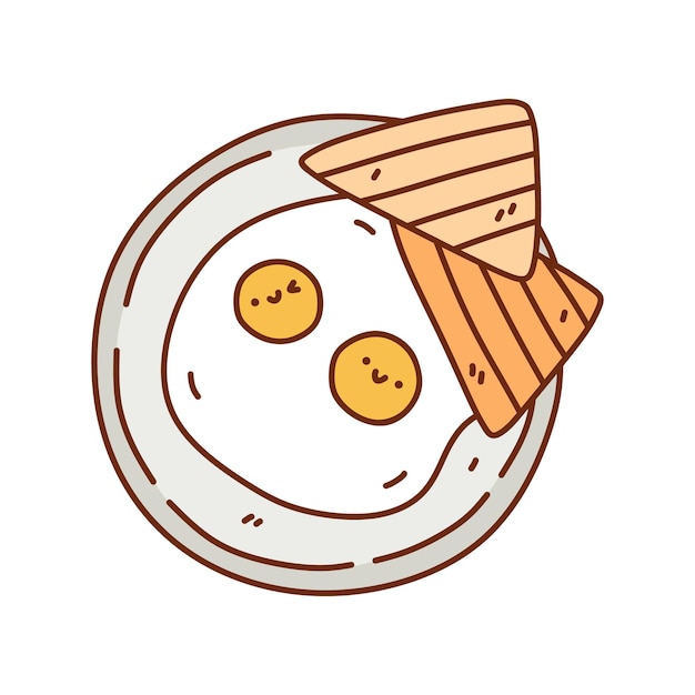 카와이 두들 스타일로 접시에 손으로 그린 그림에 귀여운 계란 후라이와 토스트