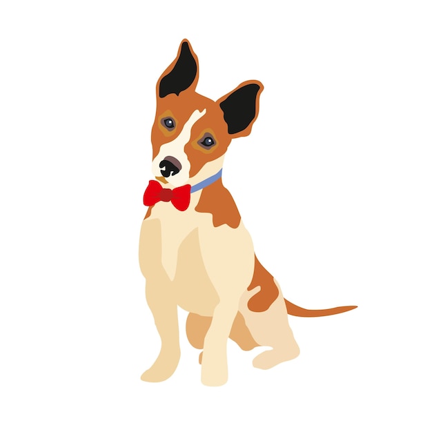 Vector cute friendly jack russell terrier puppy sits with a bow highlighted on a white background pets dogthemed design elements in a flat style