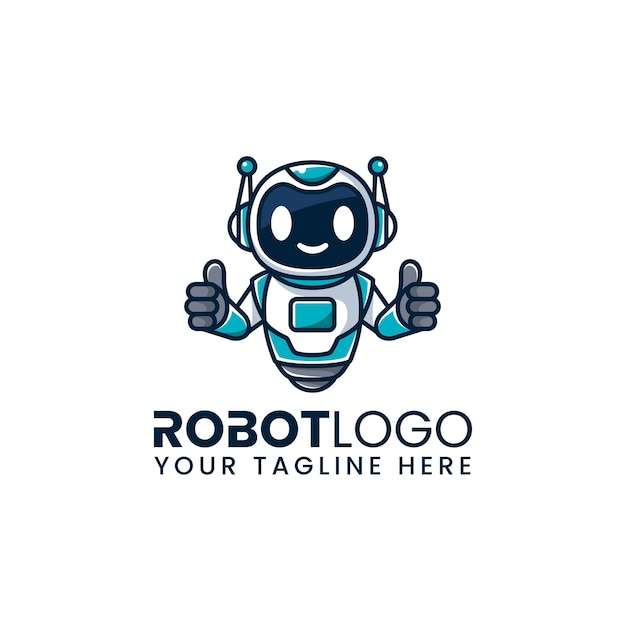 cute friendly robot mascot with thumbs up pose minimalist logo template design vector