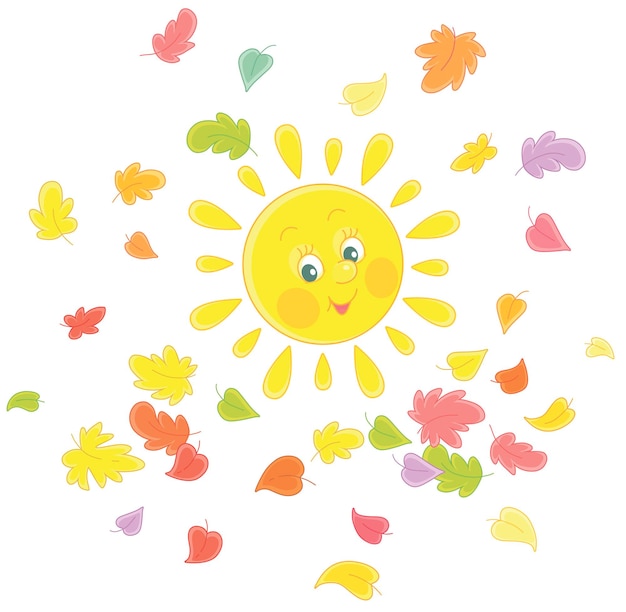 キュートな優しい笑顔の黄色い太陽と色とりどりの紅葉が舞い散る