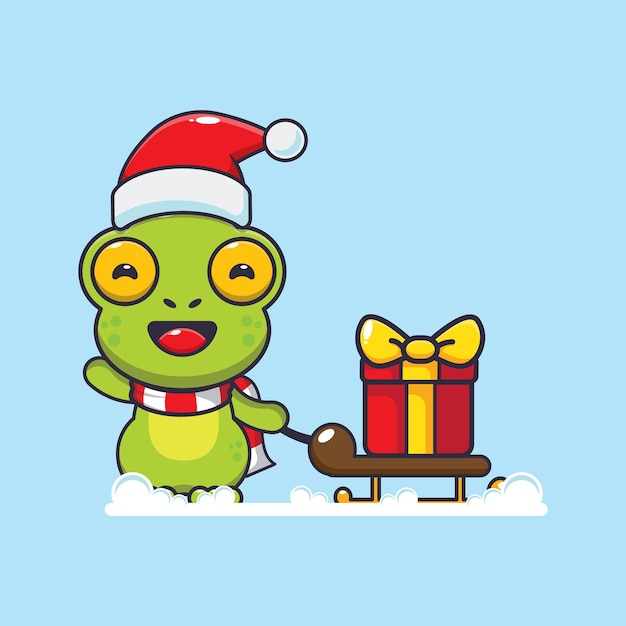 크리스마스 선물 상자를 들고 있는 귀여운 개구리. 귀여운 크리스마스 만화 그림입니다.