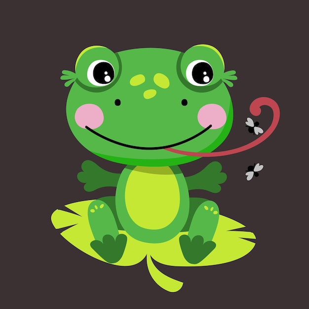 Cute Frog catches flies Isolated vector illustration in a flat