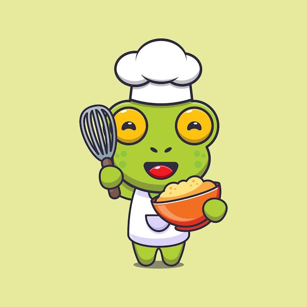 Simpatico personaggio dei cartoni animati della mascotte del cuoco unico della rana con l'impasto della torta