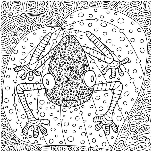 Cute frog coloring page Hand drawn toad sitting on leaf coloring page