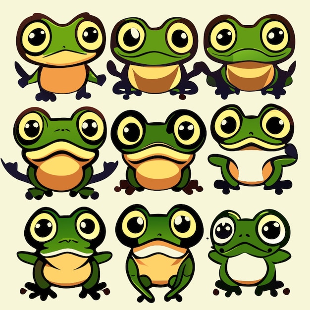 Vector cute frog in different poses cute simple set draw by hand