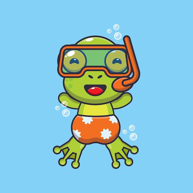 Cute frog diving cartoon mascot character illustration.