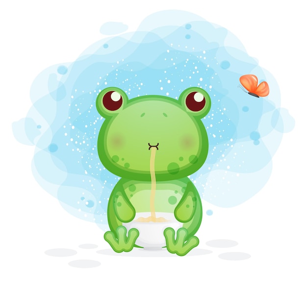 Cute frog eat noodle cartoon illustration. animal food 