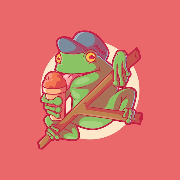 Cute Frog eating an ice cream vector illustration Food brand funny design concept