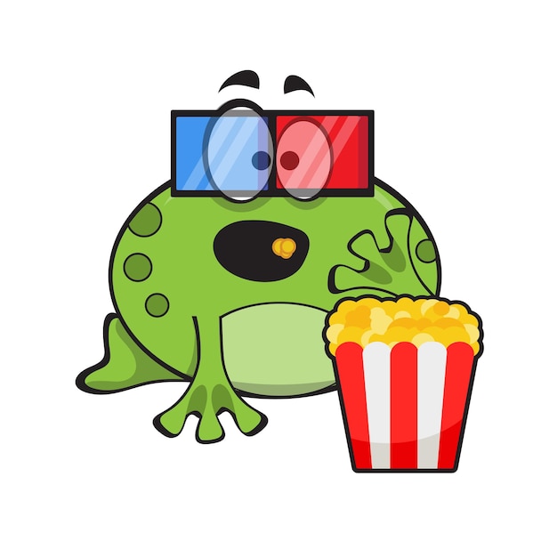 Симпатичная лягушка ест попкорн и смотрит фильм в 3d-очках. симпатичная мультяшная иллюстрация животных на белом