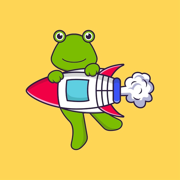 Cute frog flying on rocket. Animal cartoon concept isolated. Flat Cartoon Style