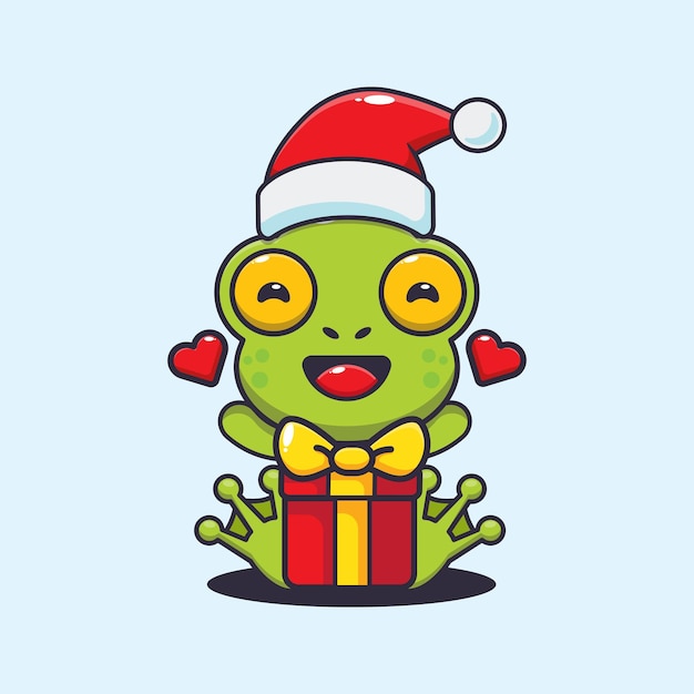 Cute frog happy with christmas gift. Cute christmas cartoon illustration.