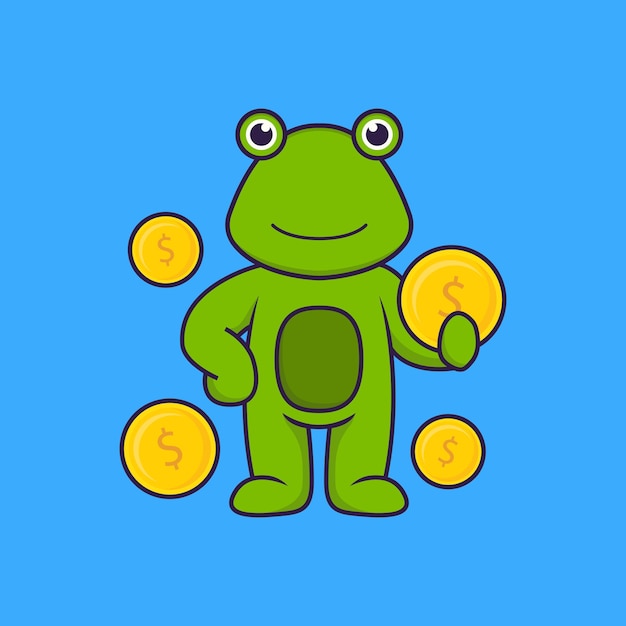 Cute frog holding coin. Animal cartoon concept isolated. Flat Cartoon Style