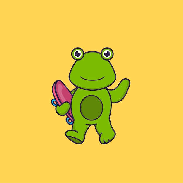 Cute frog holding a skateboard Animal cartoon concept isolated