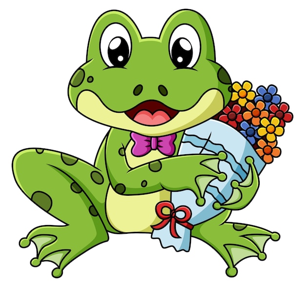 The cute frog is holding a bouquet of flowers for valentine of illustration