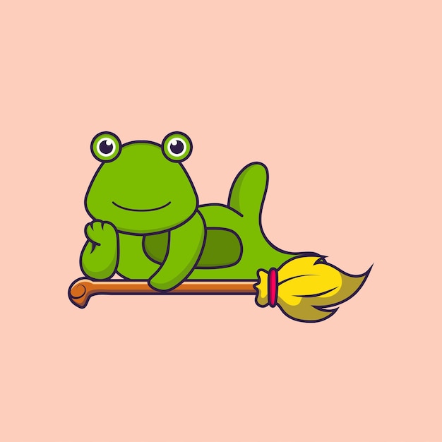 마법의 빗자루에 누워 귀여운 개구리 동물 만화 개념 절연