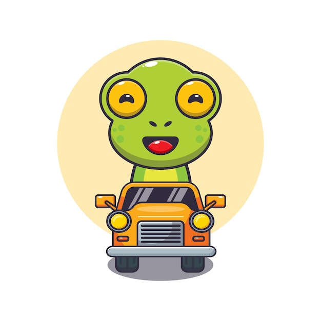 Simpatico personaggio dei cartoni animati della mascotte della rana giro in auto