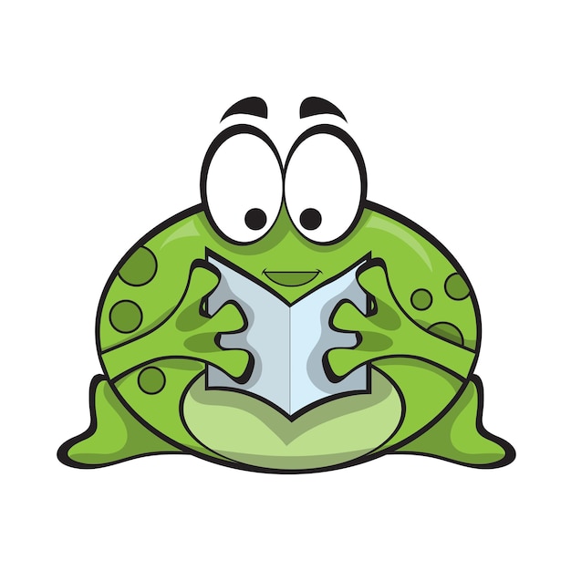 本を読んでかわいいカエル。かわいい漫画の動物のイラスト。白い背景の上のアイコン