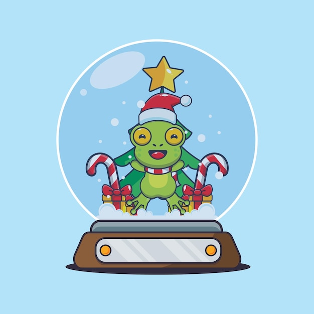 Cute frog in snow globe. Cute christmas cartoon illustration.