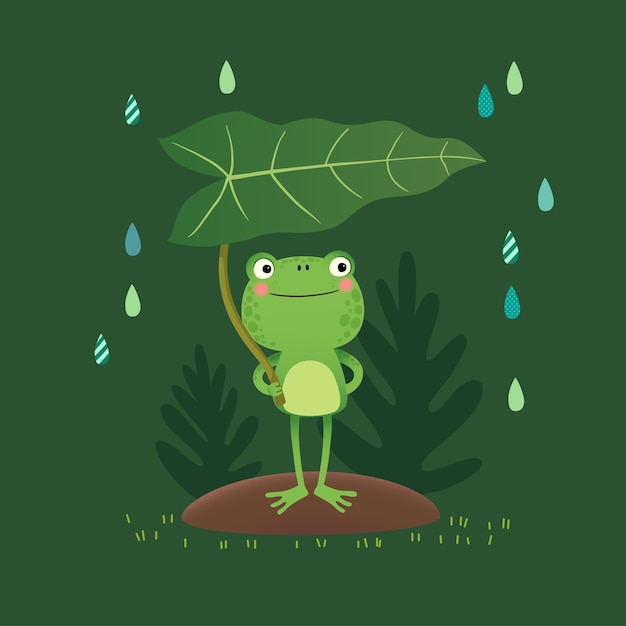 Cute frog standing and holding a leaf on a rainy day.