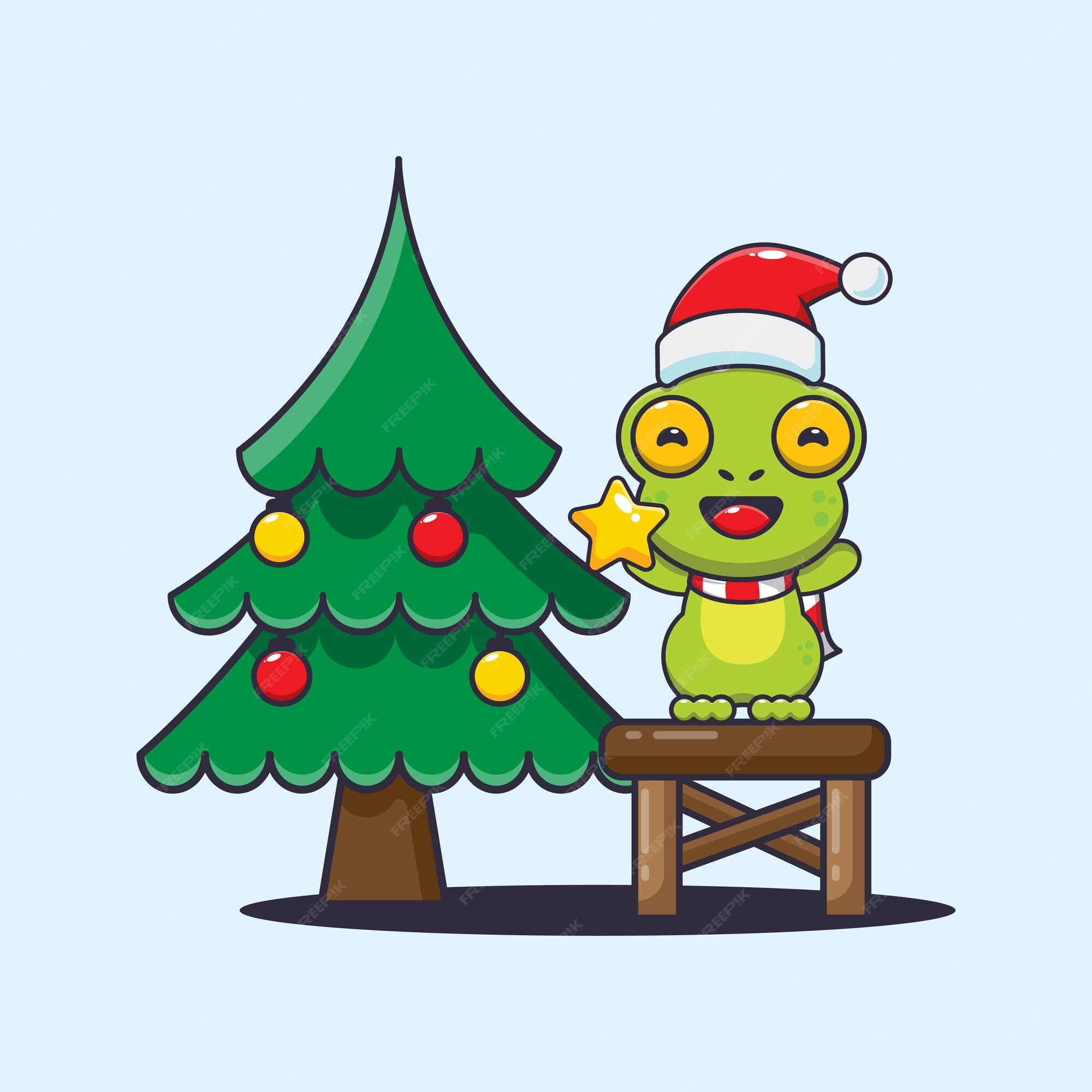 A vector of cute little frog hiding inside christmas sock holding a little  tree Stock Vector