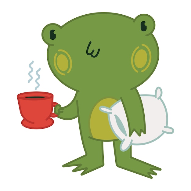 Cute frog with coffee and pillow vector cartoon character illustration isolated on a white background