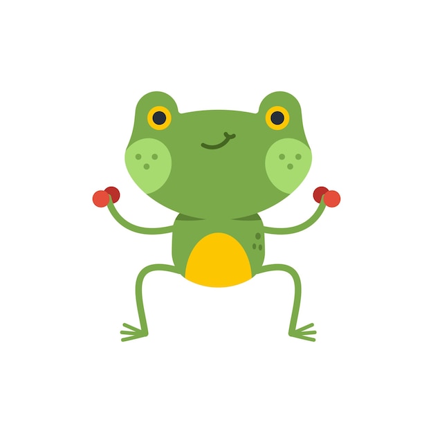 Cute frog with dumbbell doing fitness exercise vector cartoon character isolated on a white background