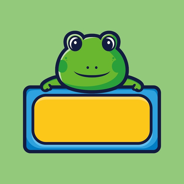 Cute frog with empty board cartoon character premium vector