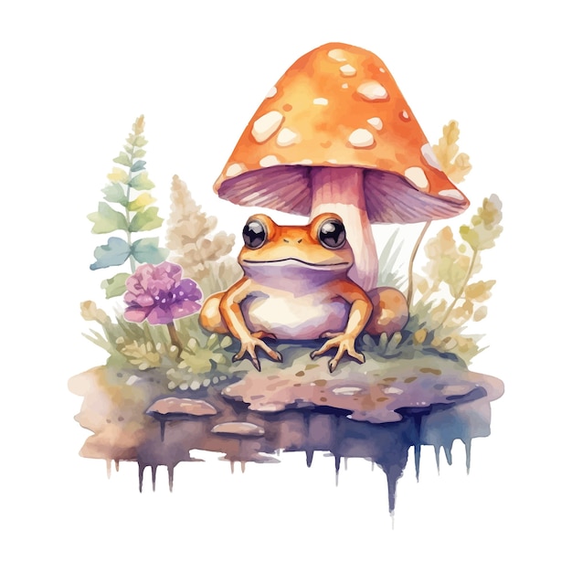 Watercolor Vintage Cute Floral Frog on a Mushroom Bundle By