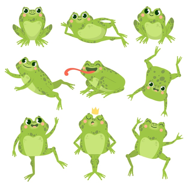 Vector cute frogs. green funny frogs in various poses, happy animals group. smiling active toads, zoo carnivore cartoon vector characters. cartoon amphibian happy, animal princess toad illustration