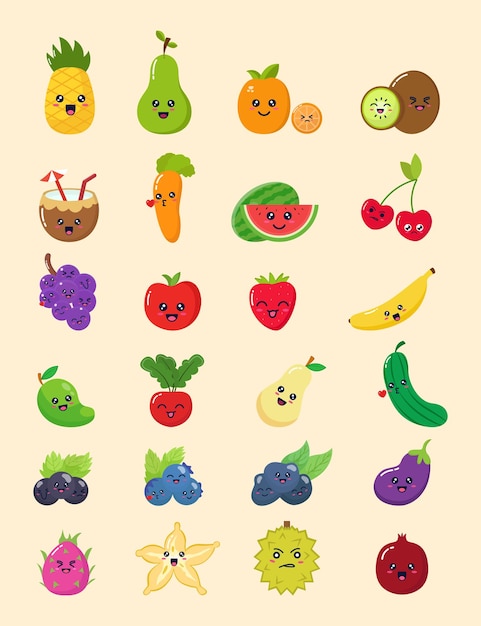 Vector cute fruit cartoon set collection