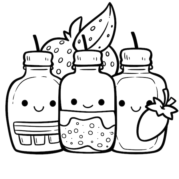 cute Fruit juice black and white coloring page for kids and adults line art simple cartoon style happy cute and funny