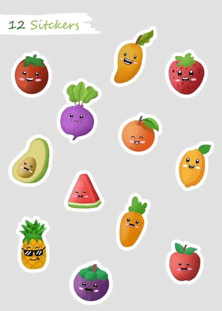 Vector cute fruit set sticker design vector illustration eps10