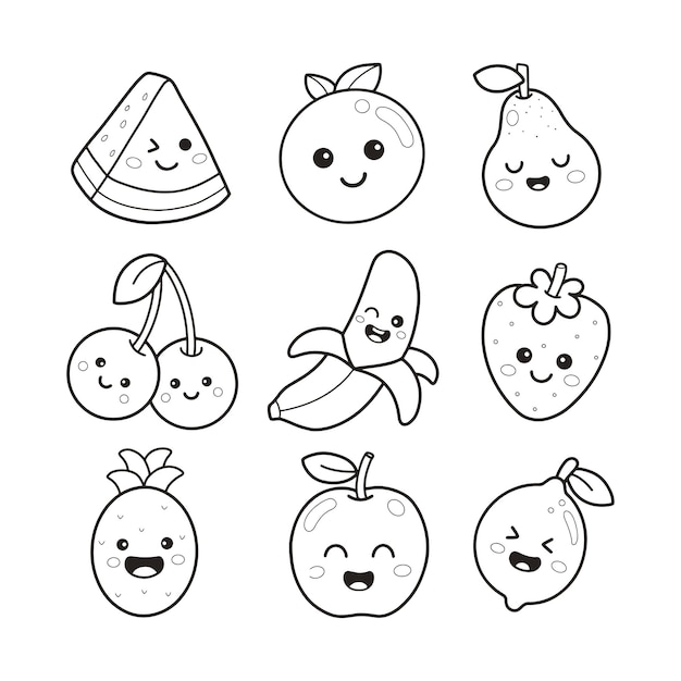 かわいい果物のキャラクターの印刷可能な着色ページ