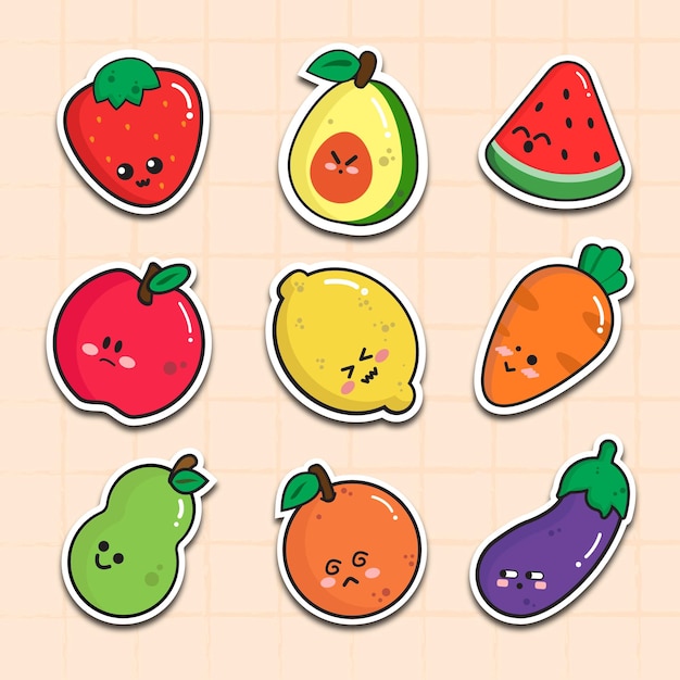 Cute fruits icon collection in flat design