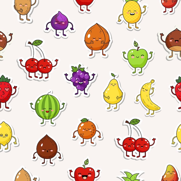 Cute fruits nuts characters seamless background Funny fruits seamless pattern in doodle style