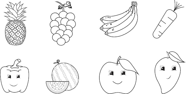 Cute fruits set coloring page isolated on the white background.