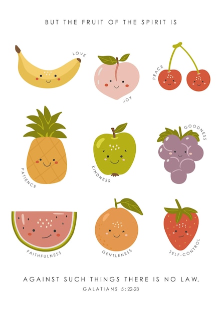 Cute Fruits of the spirit Educational fruits illustration educational material kids vector