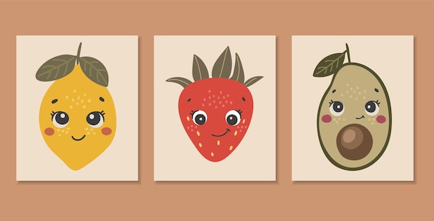 Cute fruits vector fruit with face happy strawberry vector summer fruits with eyes