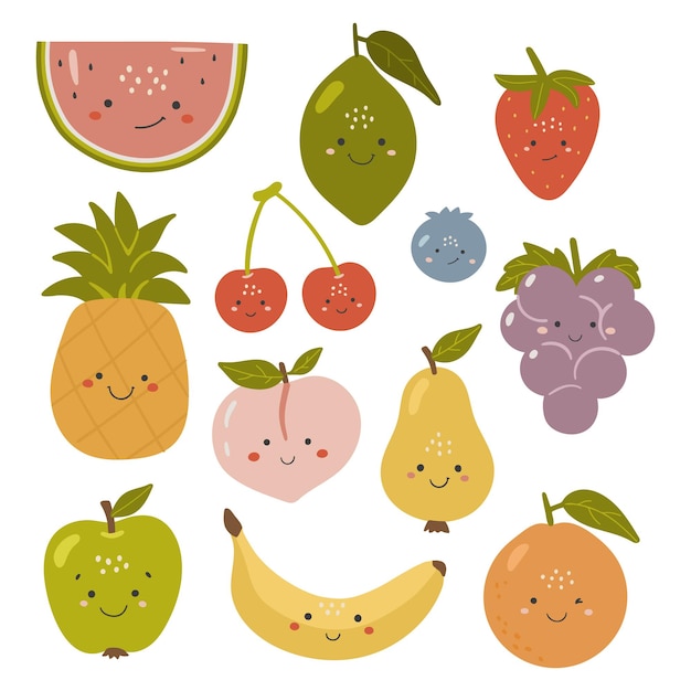 Cute fruits vector set Fruits with face Happy fruits vector set Summer fruits with eyes