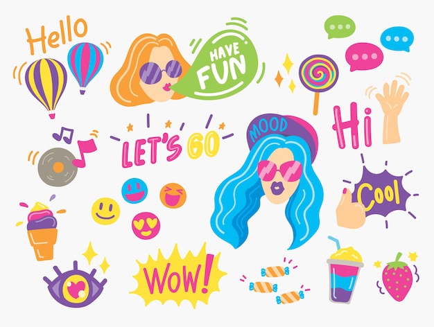 Vector cute and fun hand drawn stickers vector set