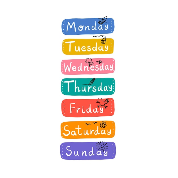 Vector cute fun hand written days of the week stickers for weekly planner font daily organiser for kids