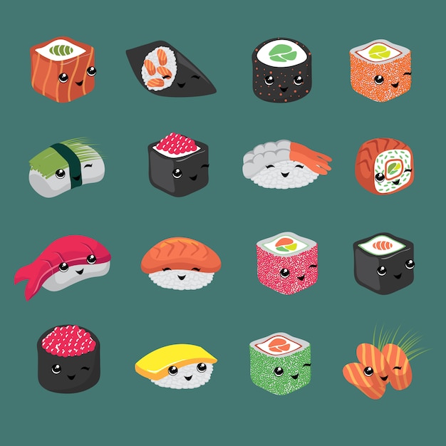 Cute and fun japanese sushi vector cartoon characters